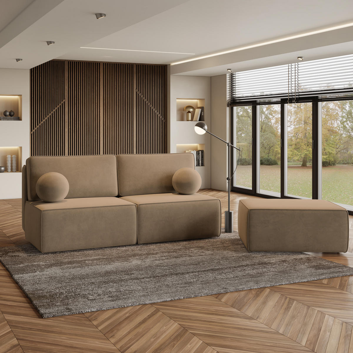 ECKSOFA VARNA M Beige Velours-Stoff mit Schlaffunktion - Beige, Holz (196/158cm) - MASSENO