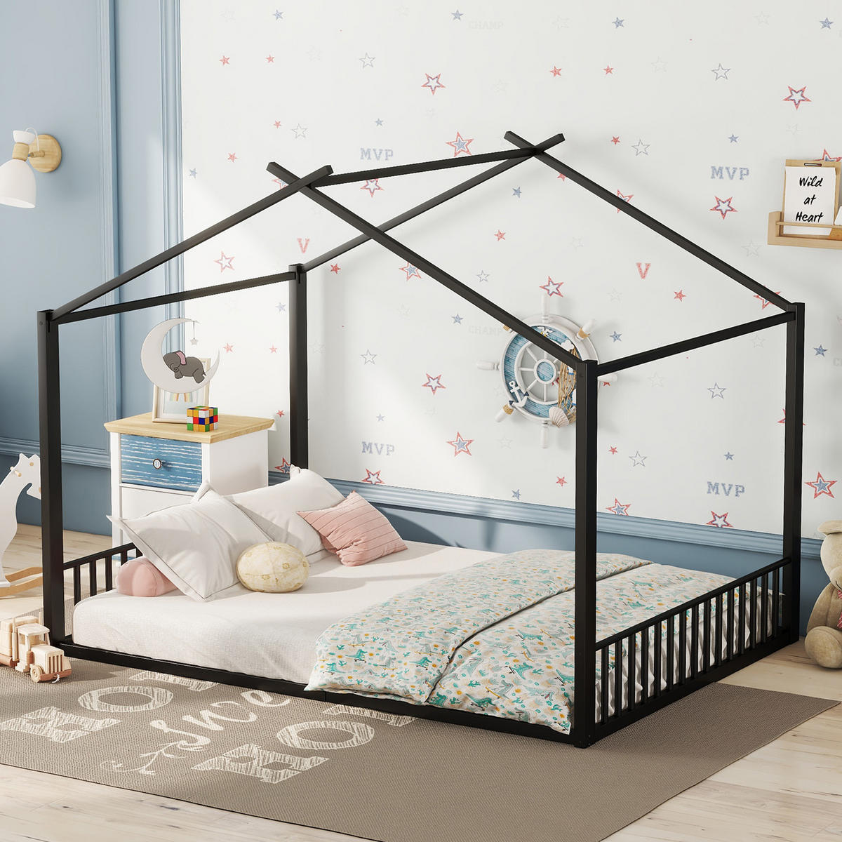 KINDERBETT 140/200 cm Schwarz Metallbett mit Hausform - Schwarz, Metall (140/200cm) - OKWISH