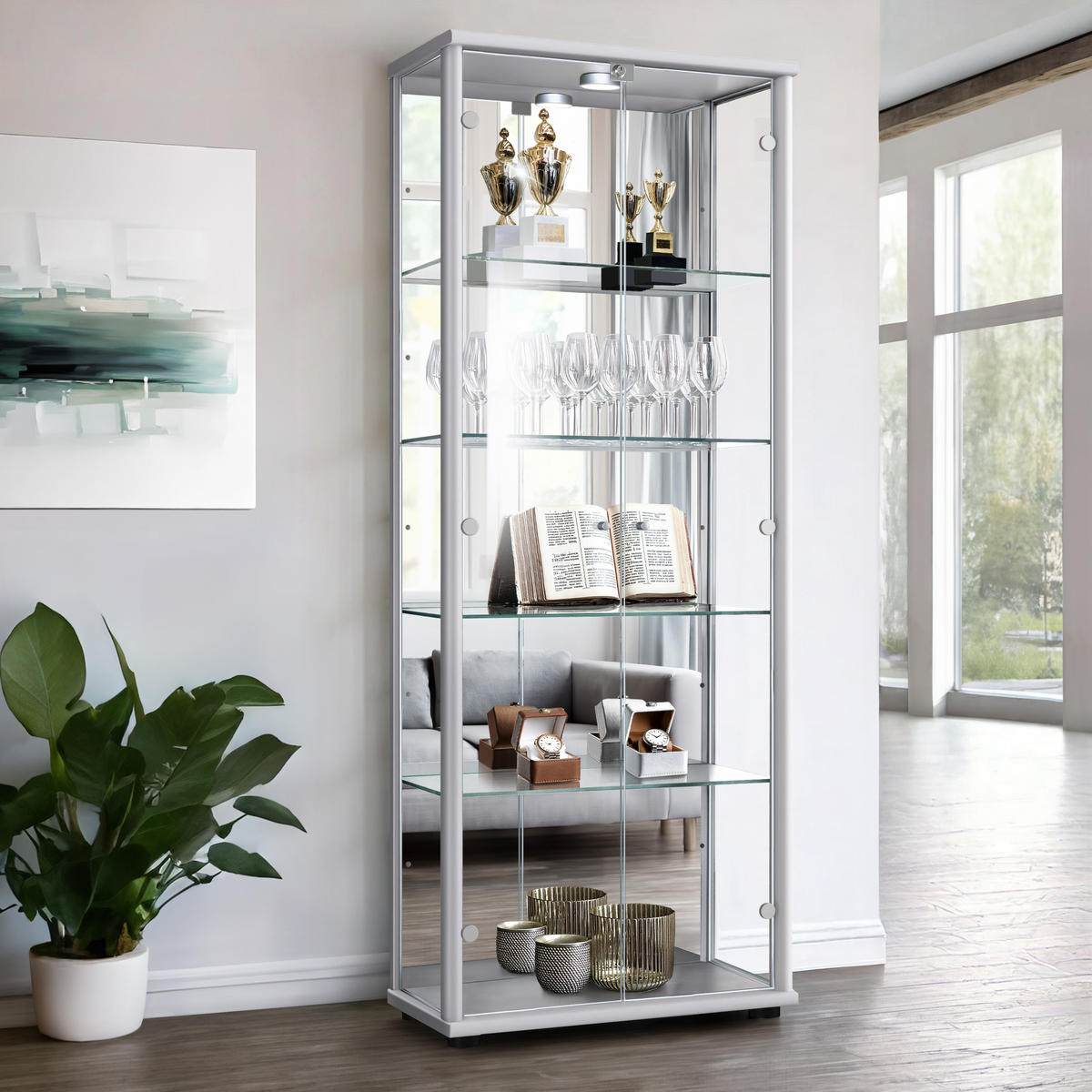 GLASVITRINE 33/67/176 cm mit Spiegel, LED, Schloss & 4 höhenverstellbaren Glasböden - Transparent/Silberfarben, Glas/Holzwerkstoff (67/176/33cm) - K-Möbel
