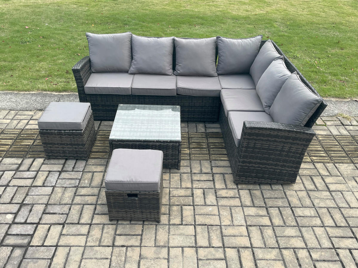 GARTENSOFA SET Hohe Rückenlehne Polyrattan Dunkelgrauer Mix 8-Sitzer - Dunkelgrau/Grau, Glas/Kunststoff - Fimous