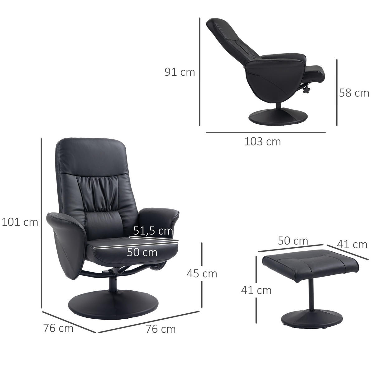 RELAXSESSEL 76/81/101 cm in Schwarz mit Hocker und Liegefunktion - Schwarz, Metall (81/101/76cm) - Flora Grace