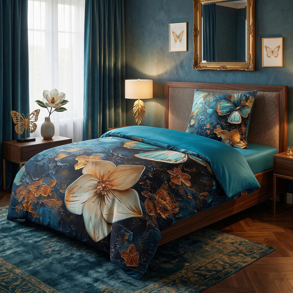 BETTWÄSCHE 4-teilig Mariposa - Blau, Naturmaterialien (135/200cm) - Sanilo