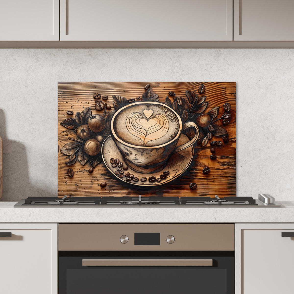 SPRITZSCHUTZ KÜCHE Kaffee - Vintage - Braun - Tasse - Holz 60x40 cm - Cappuccino, Metall (60/0.3/40cm) - MuchoWow