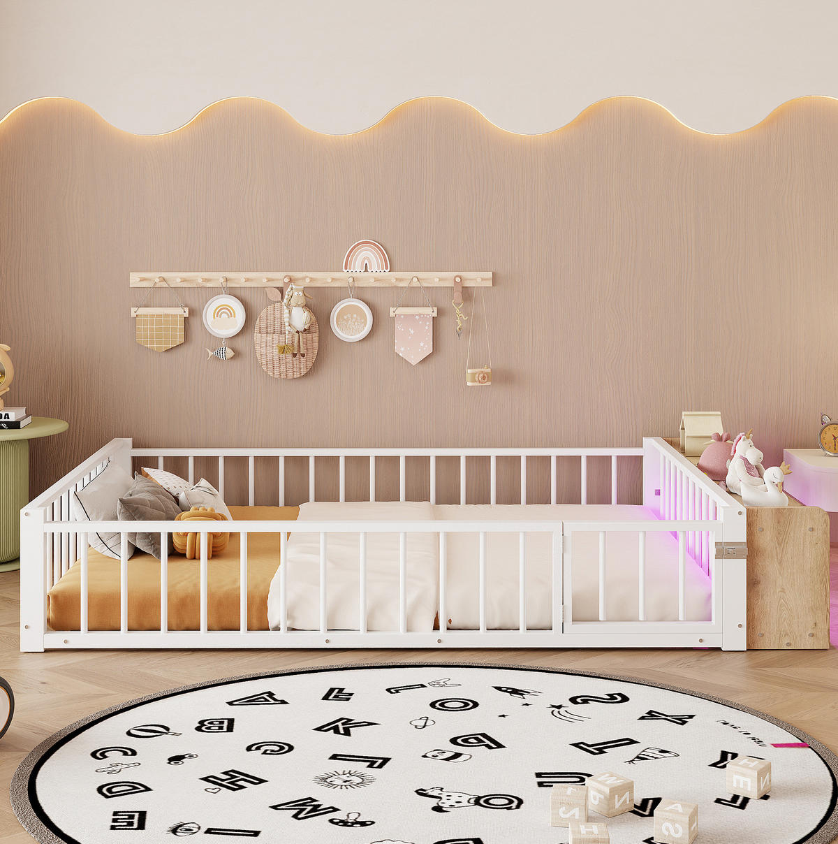 KINDERBETT aus Metall und MDF 140x200 cm Weiß mit Schutzgeländer, Stauraum und LED-Beleuchtung - Weiß, Holzwerkstoff (140/200cm) - IVMEU