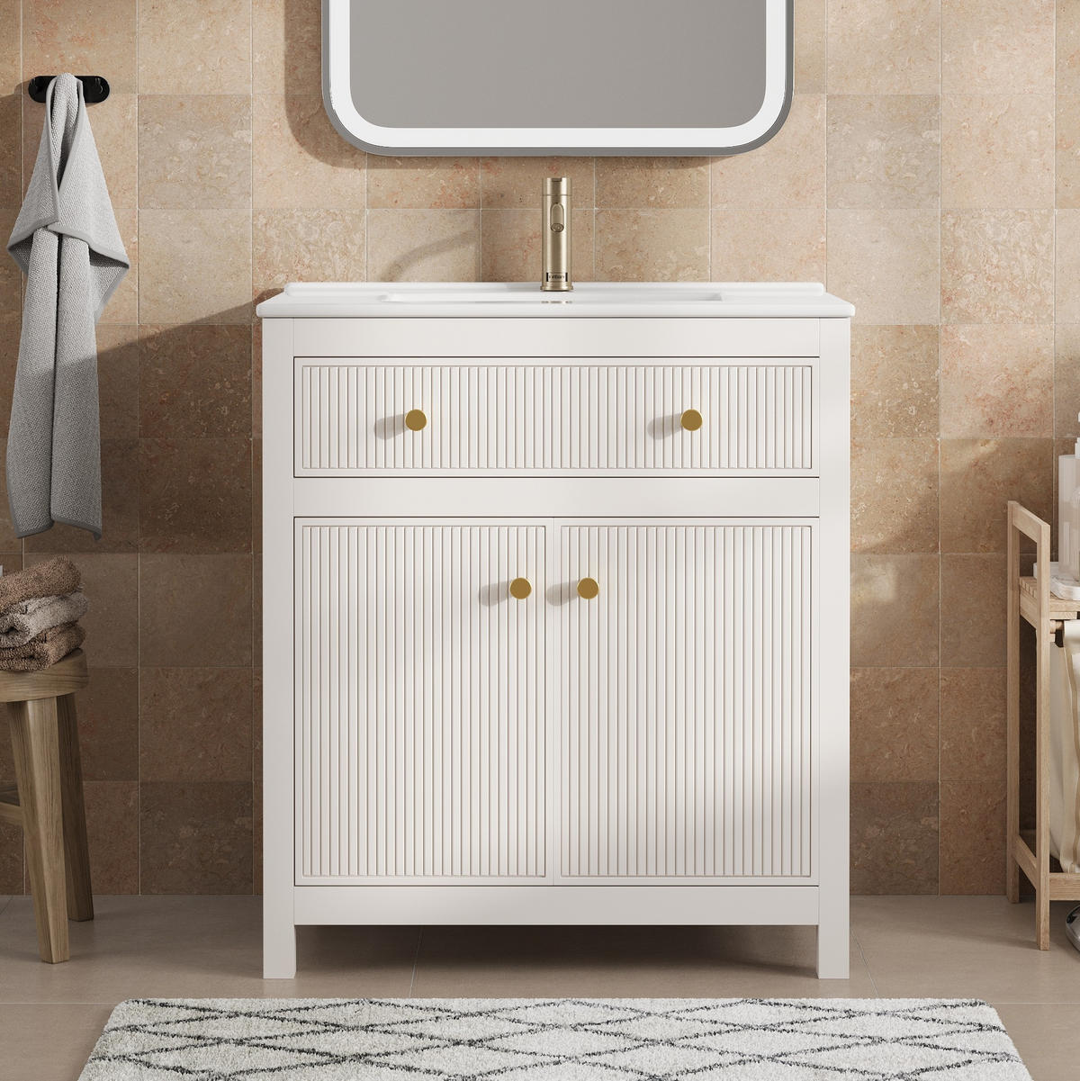 WEISSER Badezimmerunterschrank aus MDF 81x46,5x86,5 cm mit Keramikbecken, Soft-Close und modernem Stauraum - Weiß, Holzwerkstoff (81/86.5/46.5cm) - Modfu