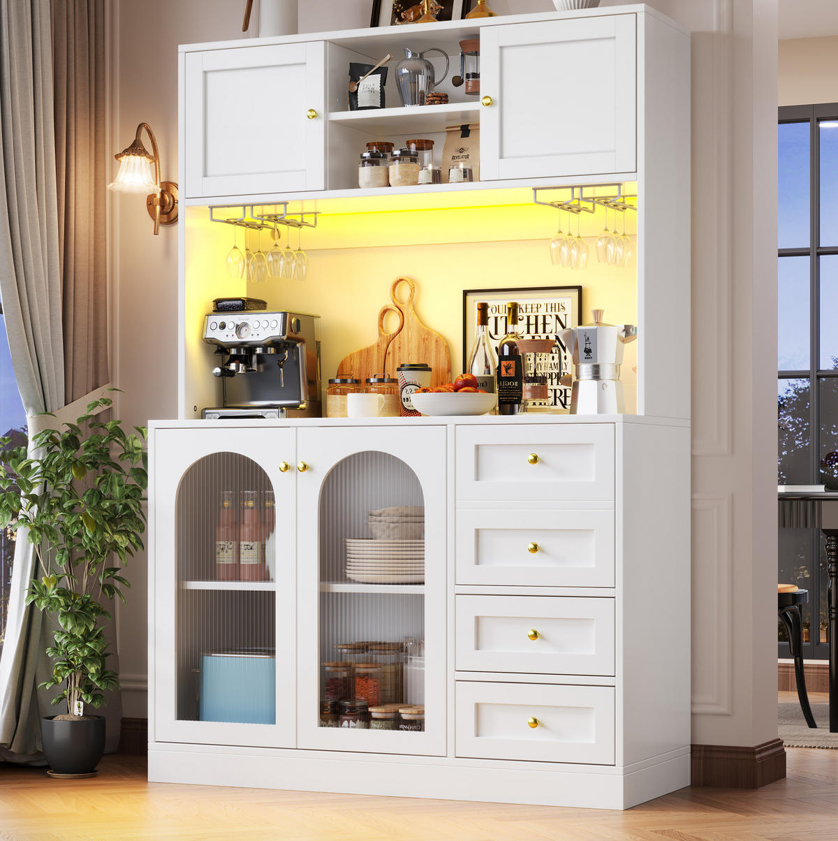 BUFFETSCHRANK 120/40/188 cm aus MDF mit LED-Lichtleiste, Fluted-Glas und viel Stauraum, Weiß - Weiß, Holzwerkstoff (120/188/40cm) - Redom