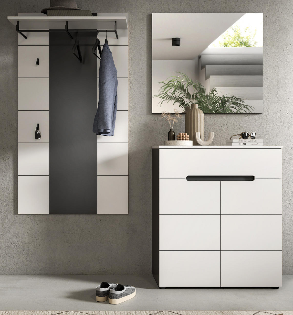 GARDEROBEN-SET 3-teilig weiß, grau 175 cm, Garderobenschränke mit Soft-Close, Cooper - Schwarz/Weiß, Glas/Holzwerkstoff (75/190/37cm) - Inn.Furn