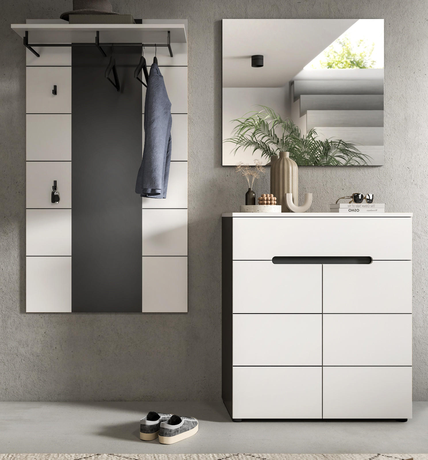 Thumbnail - Inn.Furn Garderoben-Set, Weiß, Grau, Holzwerkstoff, Metall, Glas, Nachbildung, Uni, 3 Fächer, 1 Schubladen, 75x190x37 cm...