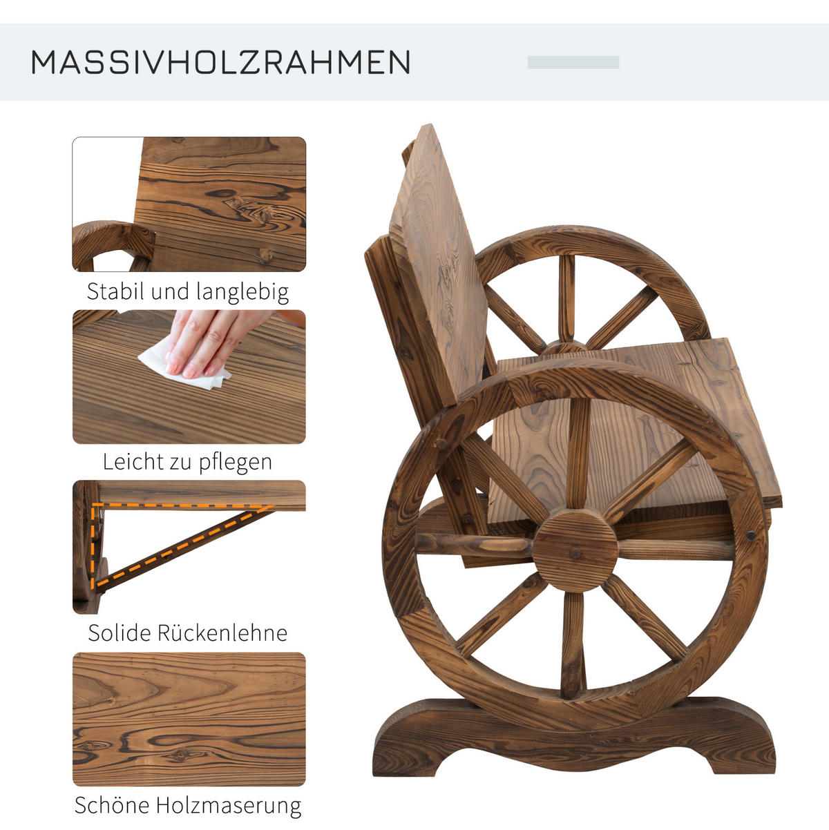 ZÁHRADNÁ lavica 114/58/80 cm tmavohnedá s opierkami v dizajne kolesa z dreva - tmavohnedá, kompozitné drevo (58/80/114cm) - OKWISH