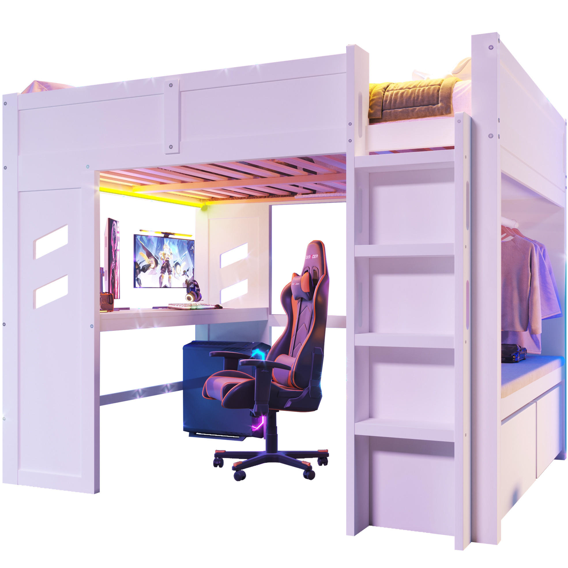 HOCHBETT 140/200 cm Weiß aus Kiefernholz mit Schreibtisch und LED-Beleuchtung - Weiß, Holz (140/200cm) - OKMYHOME