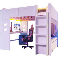 HOCHBETT 140/200 cm Weiß aus Kiefernholz mit Schreibtisch und LED-Beleuchtung - Weiß, Holz (140/200cm) - OKMYHOME