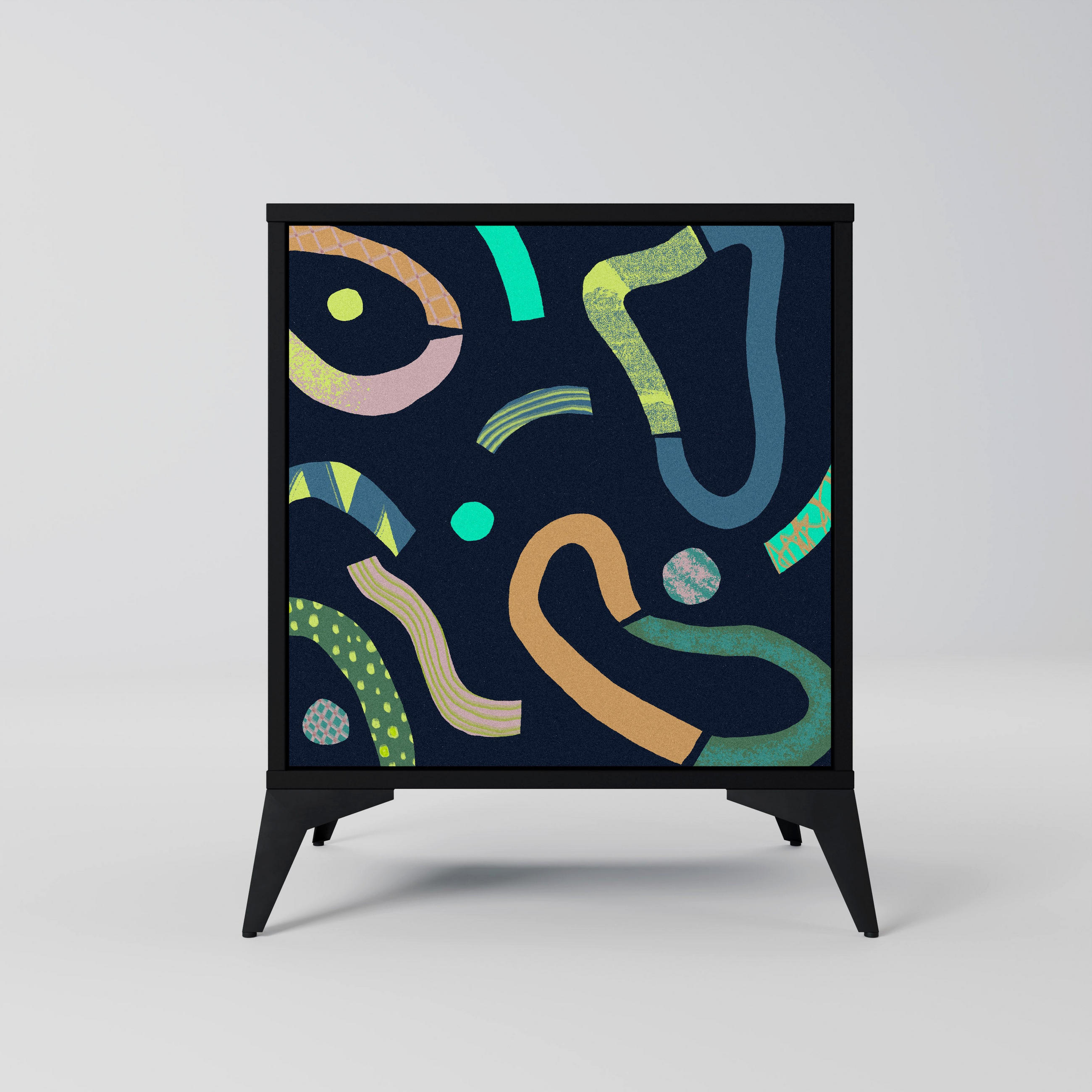 SIDEBOARD CONTRAST DANCE, Schwarz, 57,5x42x70,5 cm, Schwarze Metall-Sternfüße - Multicolor/Schwarz, Holzwerkstoff/Metall (57.5/70.5/42cm) - SpaceRebels