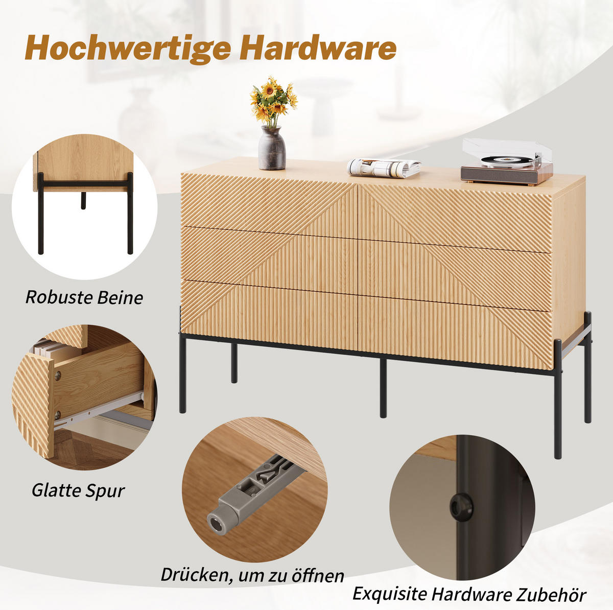 SIDEBOARD 115,5/38/75 cm in Natur mit 6 Schubladen und 3D-Front - Naturfarben, Holzwerkstoff (115.5/75/38cm) - Flora Grace