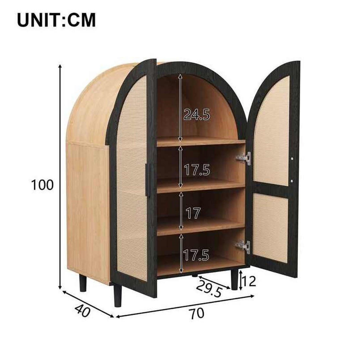 SCHUHSCHRANK für 12–15 Paar Schuhe, mit Rattantüren und Metallbeinen, 70/40/100 cm, Schwarz und Holz - Naturfarben, Holzwerkstoff (70/40/100cm) - Redom