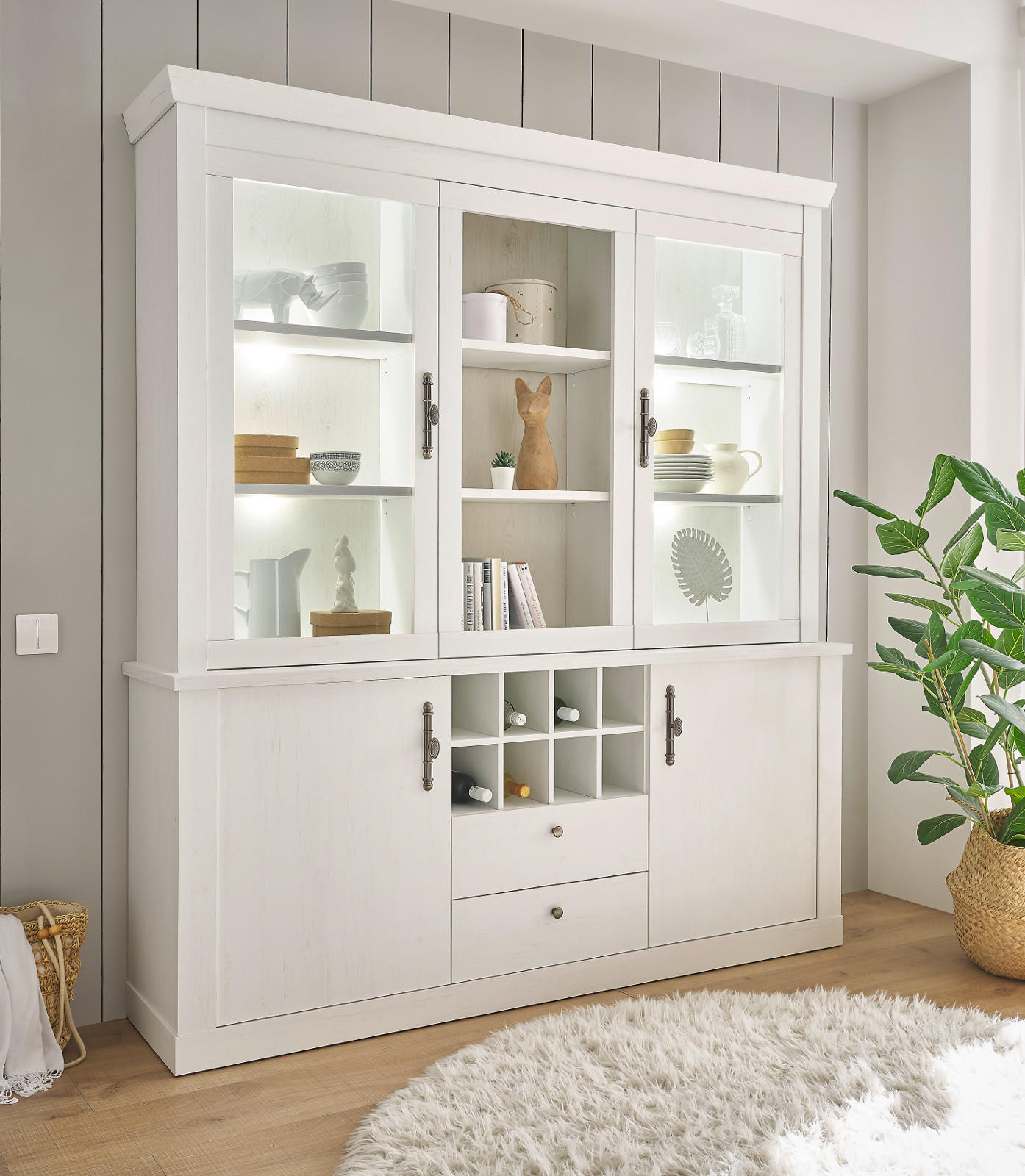 BUFFET weiß Pinie Landhaus, Vitrinenschrank 184 x 207 cm, Soft-Close-Funktion - Weiß, Holzwerkstoff/Kunststoff (184/205/44cm) - Furn.Design