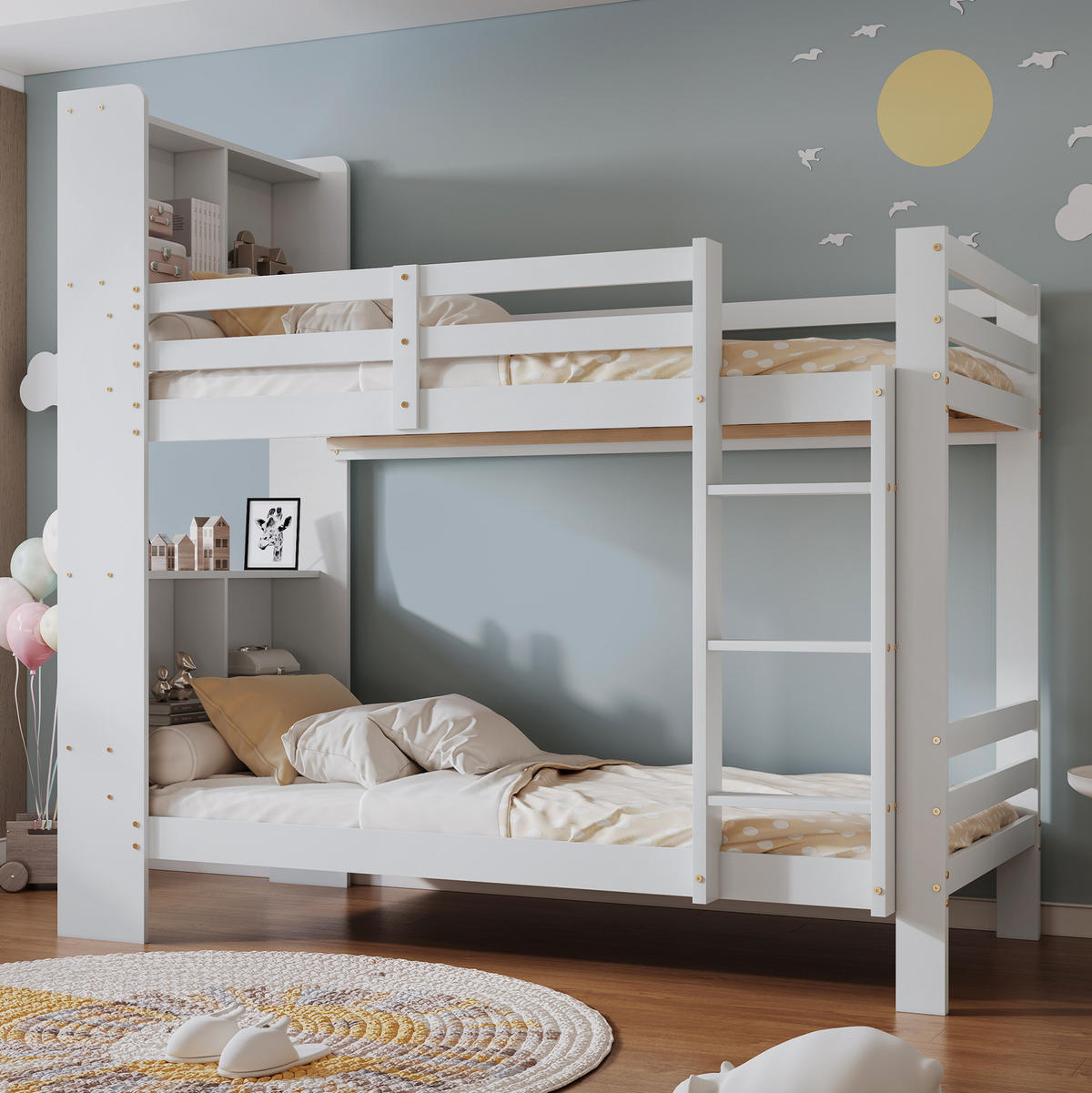 ETAGENBETT 90/200 cm in Weiß mit Regalen und rechtwinkliger Leiter - Weiß, Holzwerkstoff (90/200cm) - BEAOK