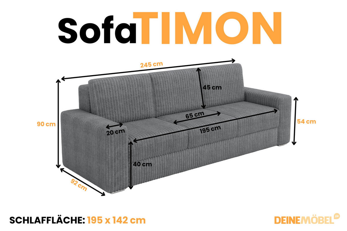 SOFA TIMON 245cm breit in Cord Dunkelgrau - Dunkelgrau, Holz/Holzwerkstoff (245/90/92cm) - Deine Möbel 24