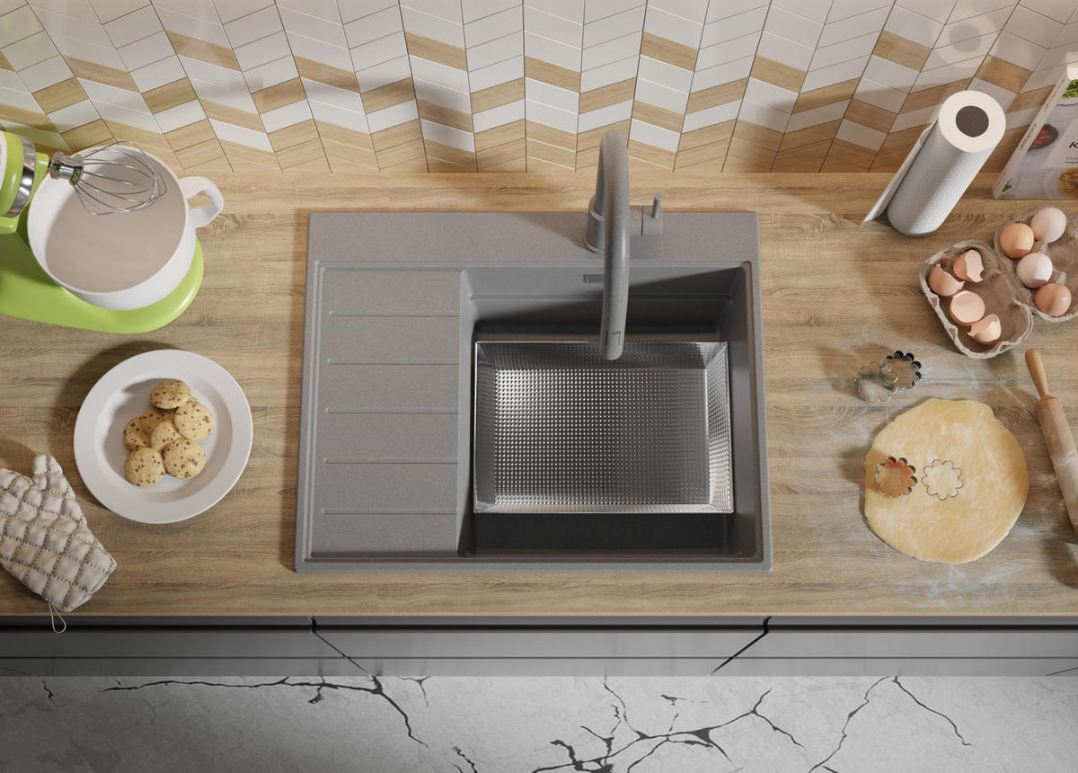 SPÜLBECKEN Sydney, 2-er set Grau 62/50 cm 1 Becken + Ablauf-Set + Küchenzubehörset ab 45er Unterschrank - Chromfarben/Beige, Kunststoff (62/20/50cm) - Primagran