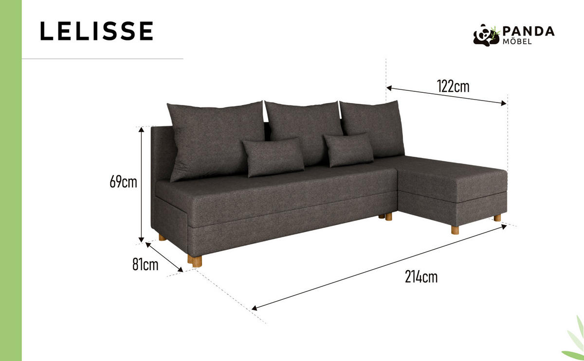 ECKSOFA Lellice L-Form - links oder rechts montierbar, dunkelgrau - Dunkelgrau, Holz (214/122cm) - Panda Möbel
