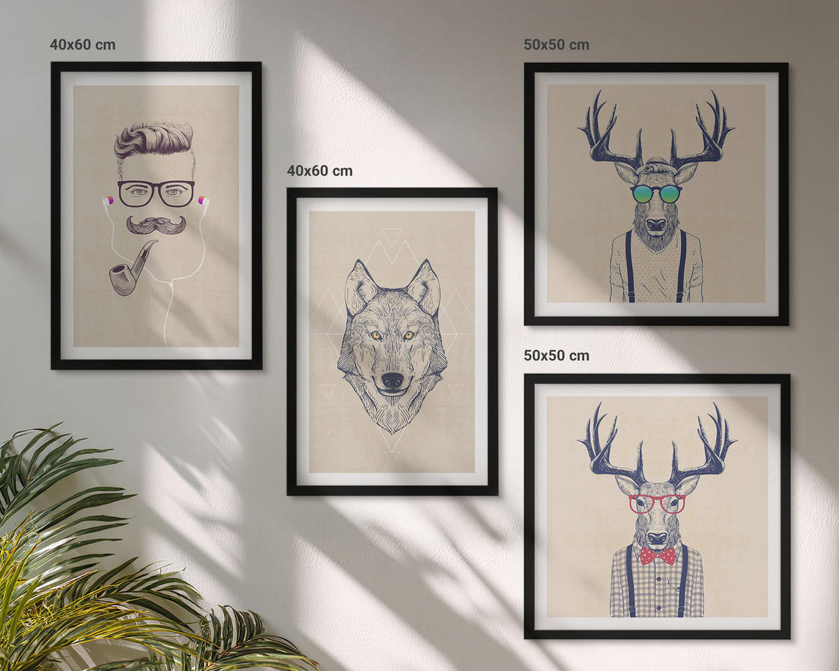 WANDBILDER 4er-Set - 50x50 cm & 40x60 cm Schwarzer Rahmen - Stilvolle Tierporträts - Schwarz, Kunststoff (50/50cm) - ArtPrintCave