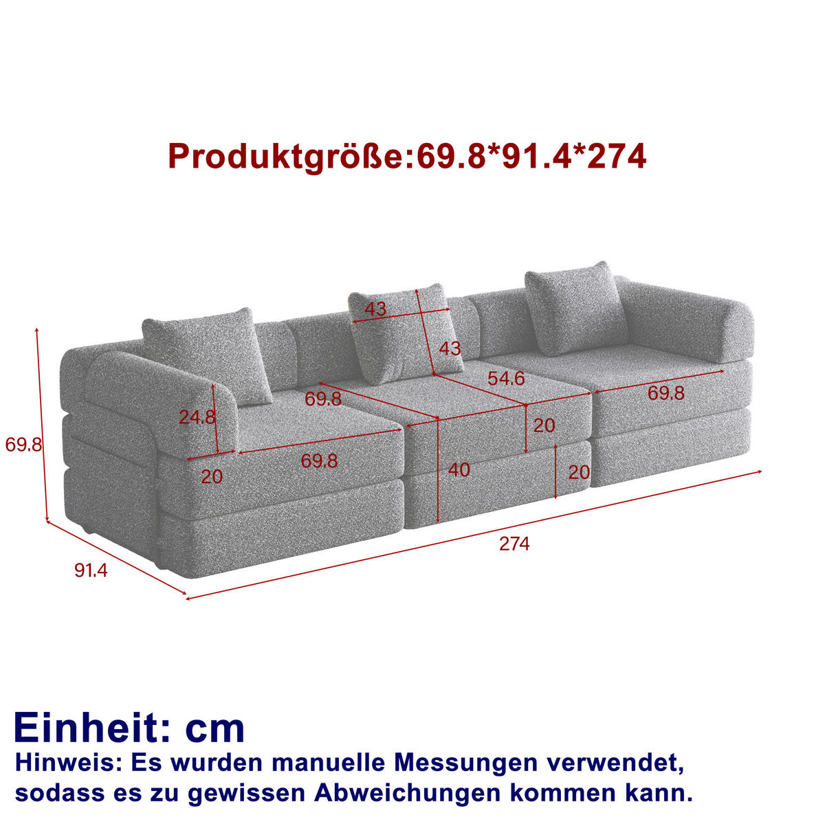 SCHLAFSOFA 2-in-1, Chenille mit Armlehnen-Staufach & Stahlrahmen, 91,4/274/69,8 cm, Beige - Beige, Textil (91.4/69.8/274cm) - Redom