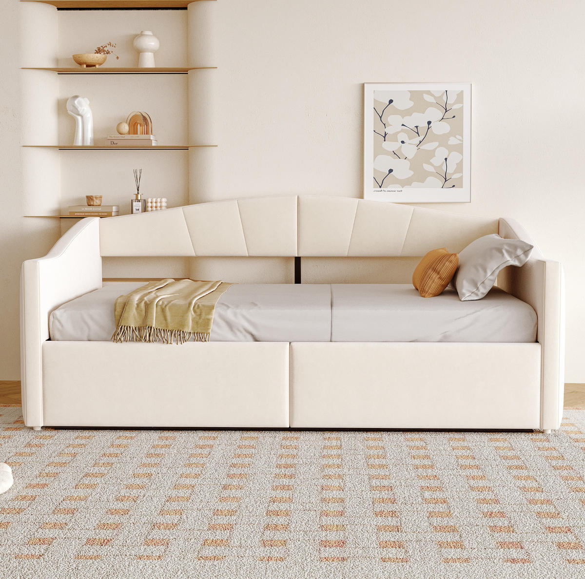 POLSTERBETT Sofabett 90/200 cm Beige mit hydraulischer Lagerung und Lattenrost aus Samt - Beige, Textil (90/200cm) - OKWISH