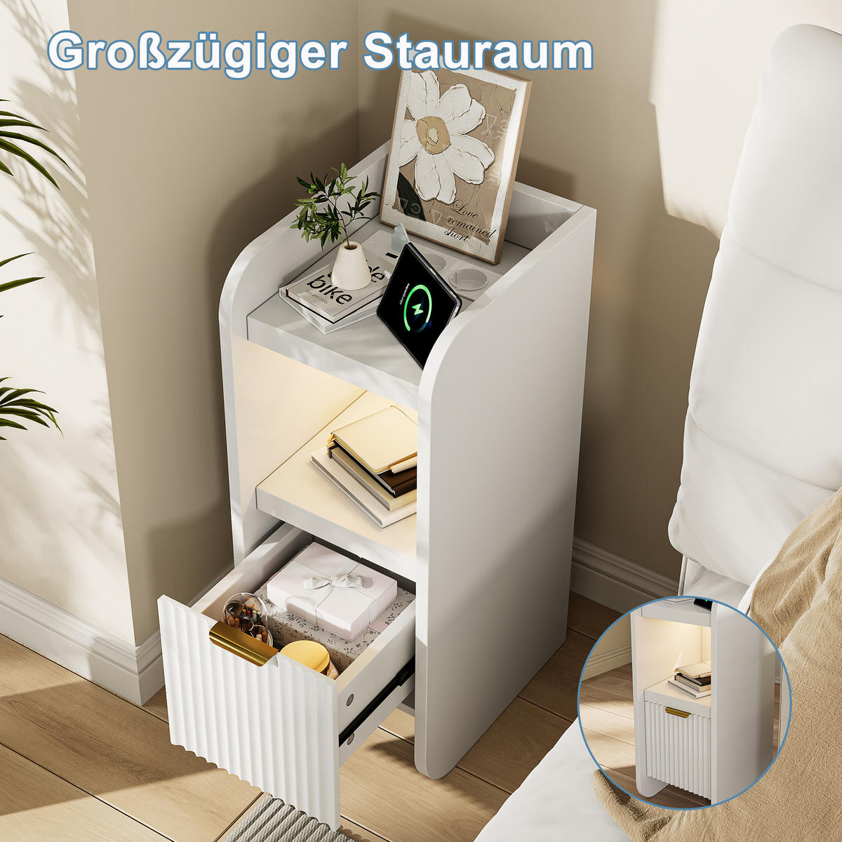 NACHTTISCH 2er Set mit LED-Beleuchtung & Ladestation, Bettseitentisch mit 1 Schubladen, in Weiß, 25/30/60 cm - Goldfarben/Weiß, Holz/Metall (30/60/25cm) - BPKADHY