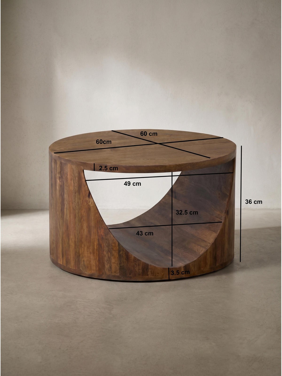 COUCHTISCH ANTEQUERA, Mango Massivholz, mit Ablagen, Ø 60 x 36 cm - Dunkelbraun/Braun, Mangoholz/Holz (60/60/36cm) - KADIMA DESIGN