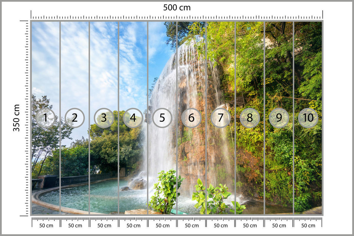 FOTOTAPETE für Wohnzimmer Wasserfall Nizza Felsen Pflanzen Bäume 500x350 - Blau/Beige, Papier (500/350cm) - Muralo