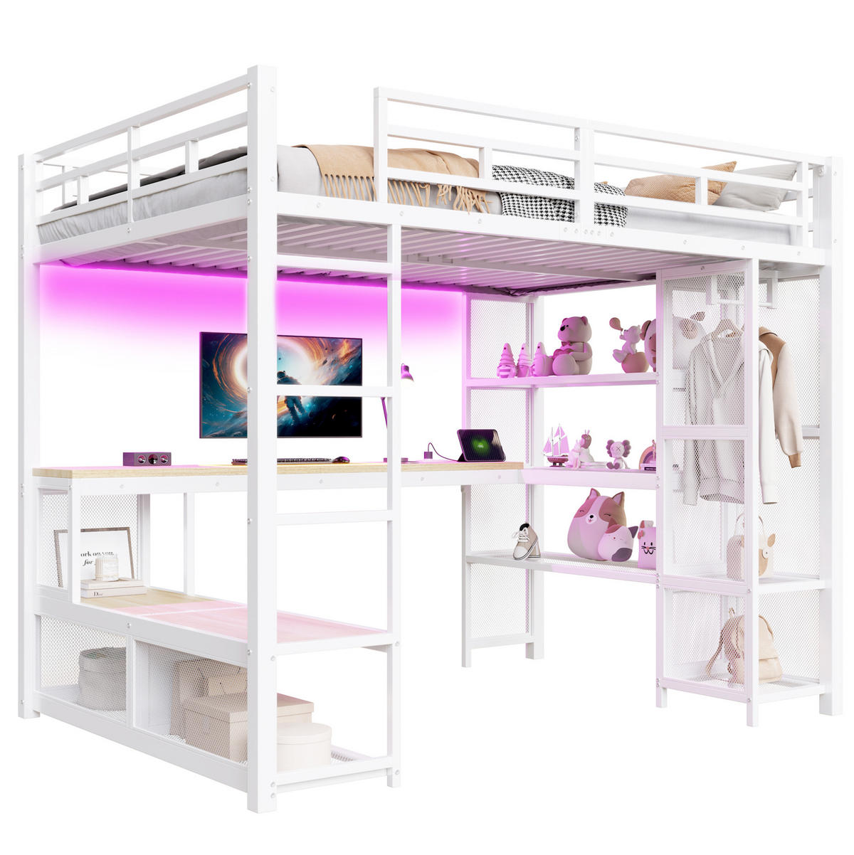 HOCHBETT 140/200 cm aus Metall und MDF mit Schreibtisch Kleiderschrank LED und USB-Anschluss Weiß - Weiß, Holzwerkstoff (140/200cm) - Modenvie