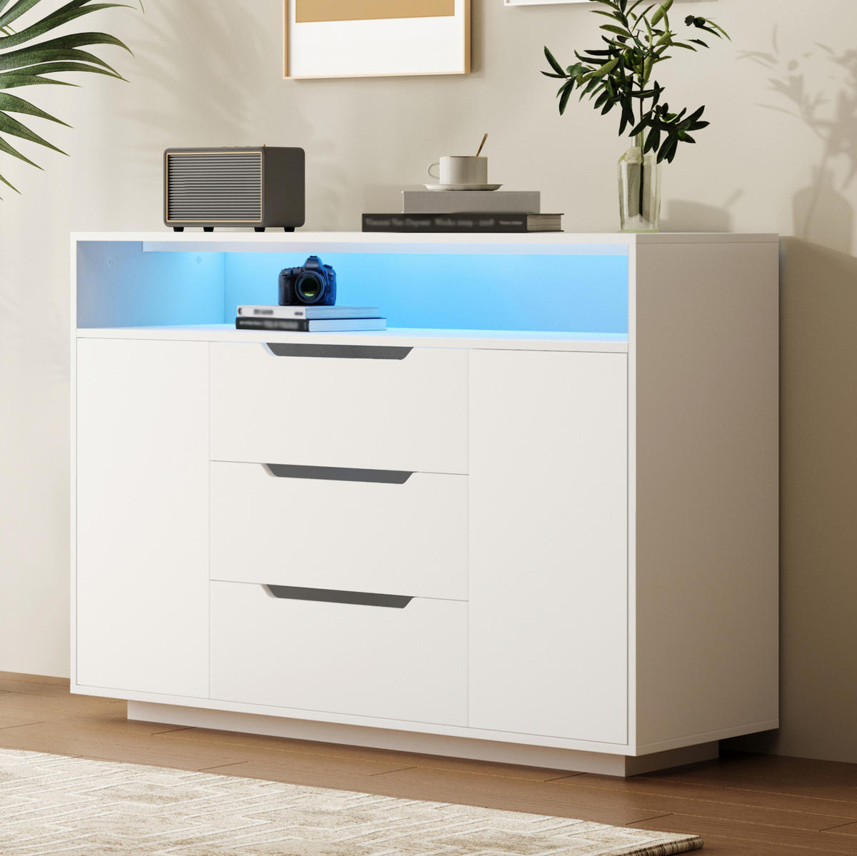 SIDEBOARD 120/40/85 cm weiß aus Holzwerkstoff mit offenem Regal, 3 Schubladen und LED - Weiß, Holzwerkstoff (120/85/40cm) - OKWISH