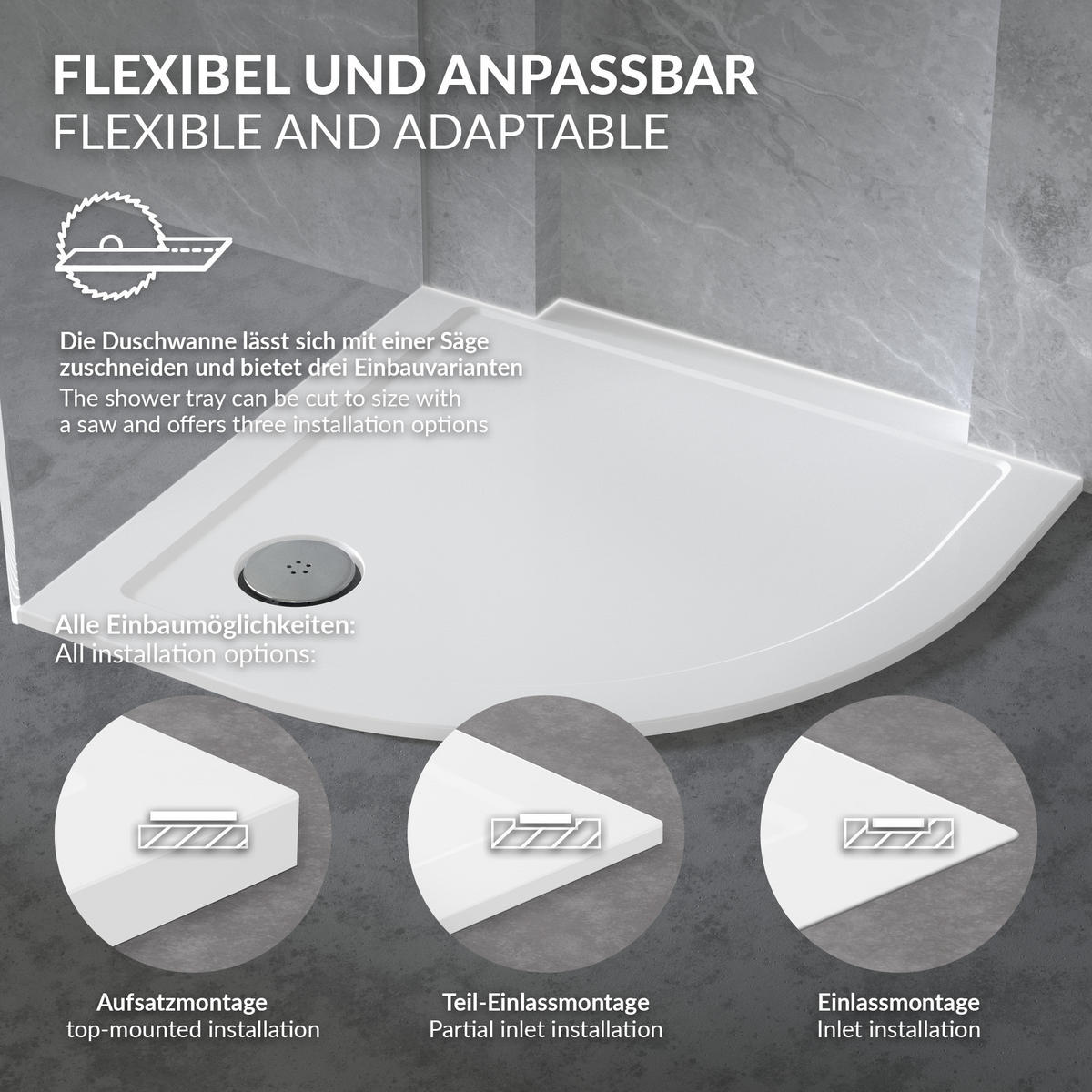 DUSCHWANNE 80x80 cm rund Weiß Duschtasse mit Ablaufgarnitur - Weiß, Kunststoff (80/4/80cm) - LuxeBath