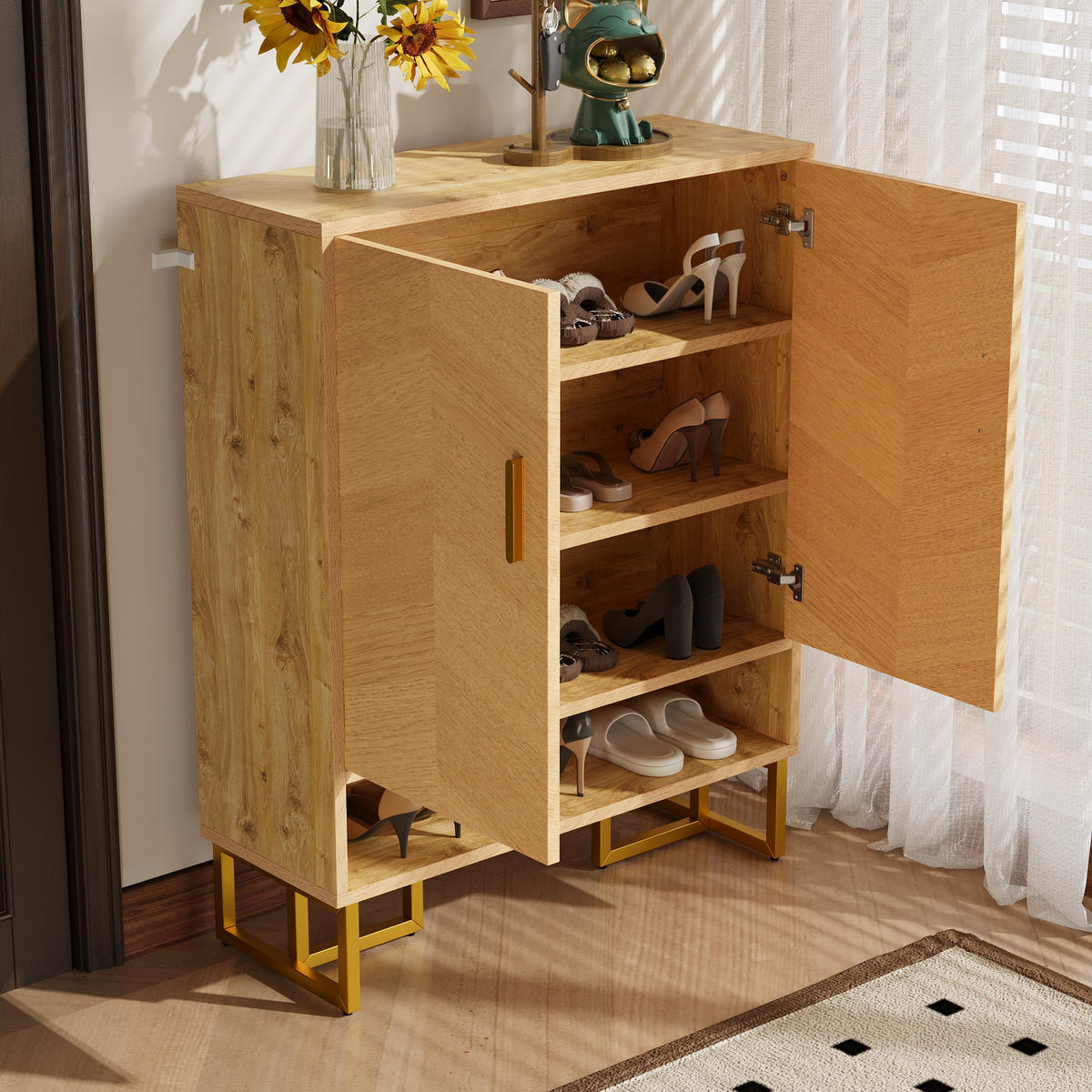 SCHUHSCHRANK 2 Türen Holzoptik Goldrahmen - Naturfarben, Holz (80/100/38cm) - LEBENLANG