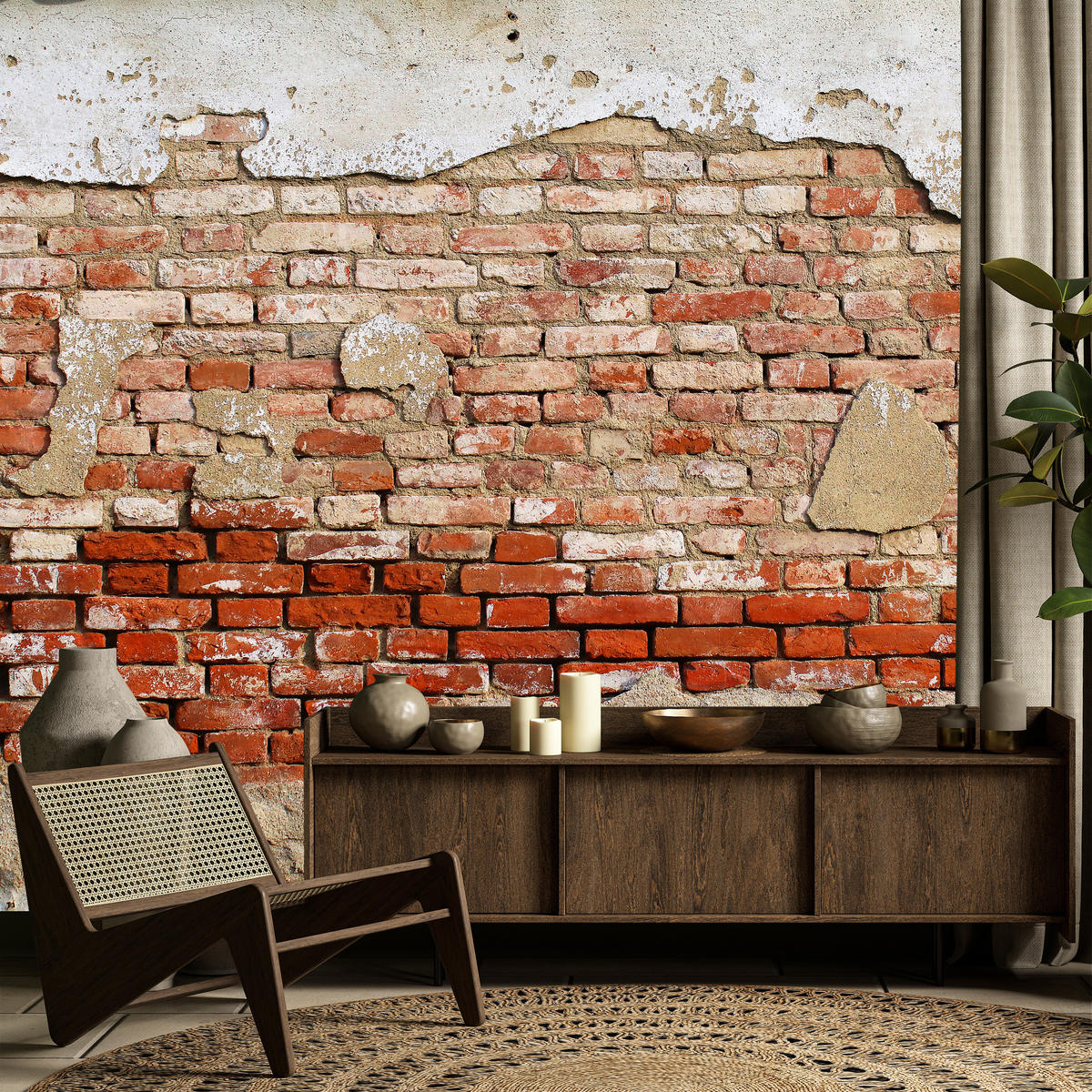 FOTOTAPETE für Wohnzimmer Alte Rissige Rote Ziegelwand Rustikal 200x140 - Beige/Rot, Papier (200/140cm) - Muralo