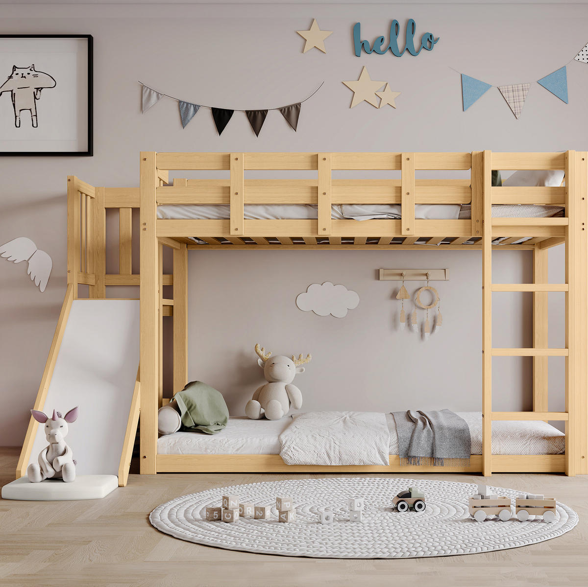 ETAGENBETT 90/200 cm aus Kiefer und MDF mit Treppe, Rutsche und Bettvorhang Natur - Naturfarben, Holzwerkstoff (90/200cm) - Modenvie