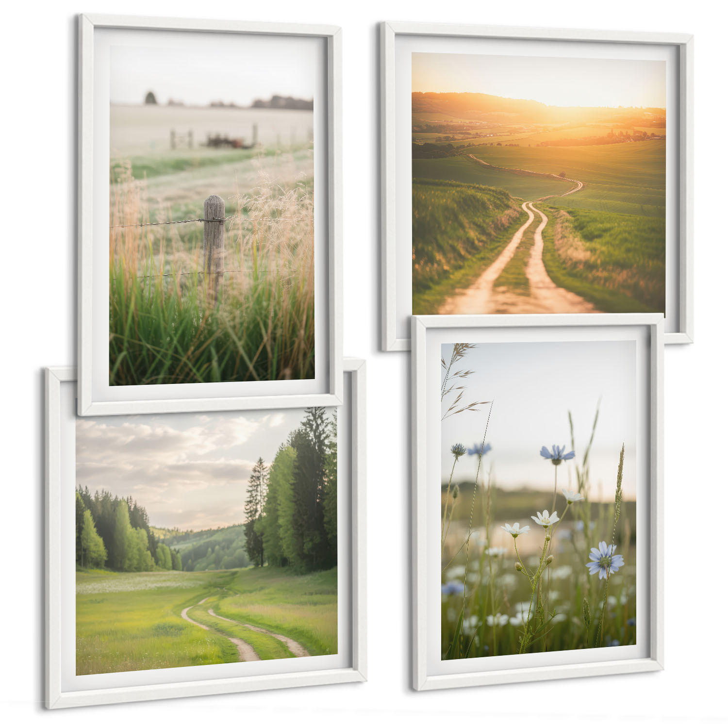 BILDER SET 4er Set - 50x50 cm & 40x60 cm Weißer Rahmen - Landschaften Natur Felder Sonne - Weiß, Kunststoff (50/50cm) - TULUP