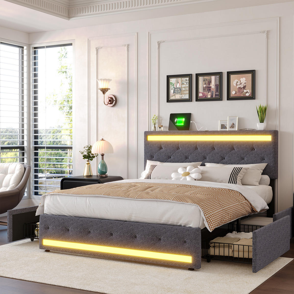 POLSTERBETT 180/200 cm, in Grau Leinenoptik Stoff, Bettkasten, Gepolstertes Kopfteil mit LED-Beleuchtung USB, 4 Metall-Stauraumschubladen - Dunkelgrau, Textil/Metall (180/200cm) - BPKADHY
