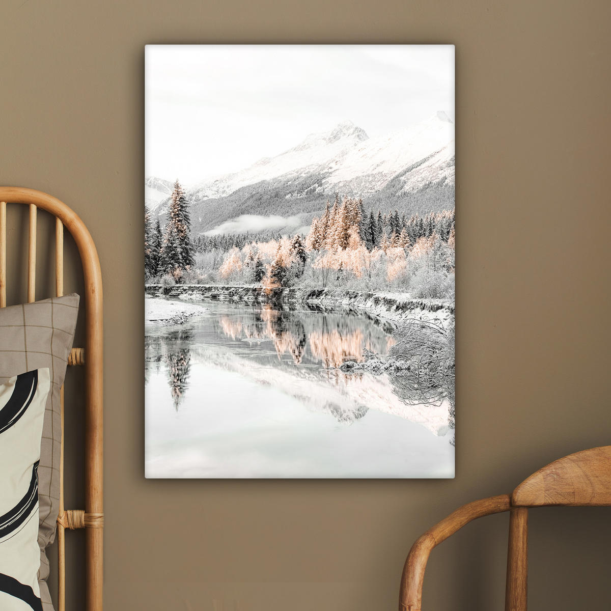 LEINWANDBILD Natur - Winter - Bäume - Berge - Schnee 60x80 cm - Weiß Hochglanz, Textil (60/80cm) - MuchoWow