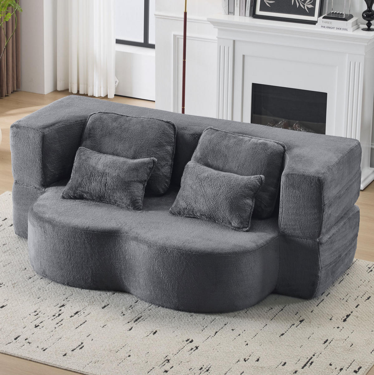 SCHLAFSOFA aus Schaumstoff und Federkern Blau/Grau klappbar mit 4 Kissen und multifunktionaler Nutzung - Grau, Kunststoff (198/76/60cm) - Modfu