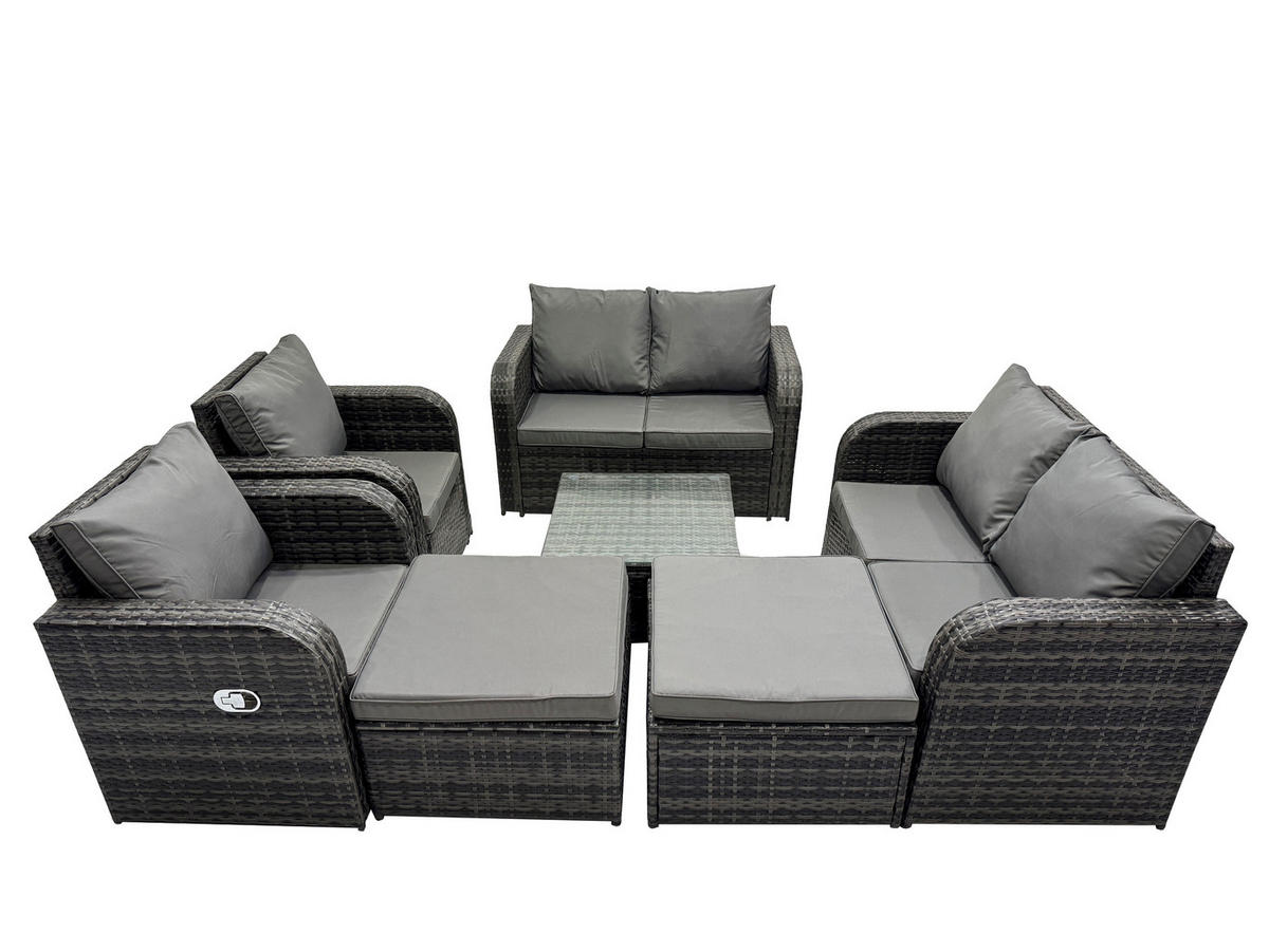 GARTENMÖBEL SET mit COUCHTISCH Polyrattan Dunkelgrau 8-Sitzer - Dunkelgrau/Grau, Glas/Kunststoff - Fimous