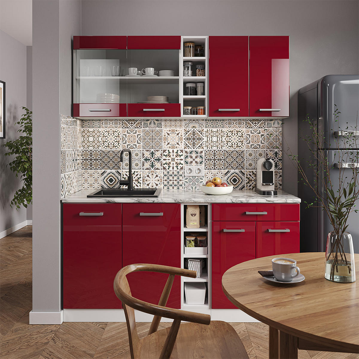 SINGLEKÜCHE R-Line Bordeaux Hochglanz/Weiß 160 cm, AP Anthrazit - Bordeaux/Weiß, Holzwerkstoff (160/81.6/60cm) - Vicco