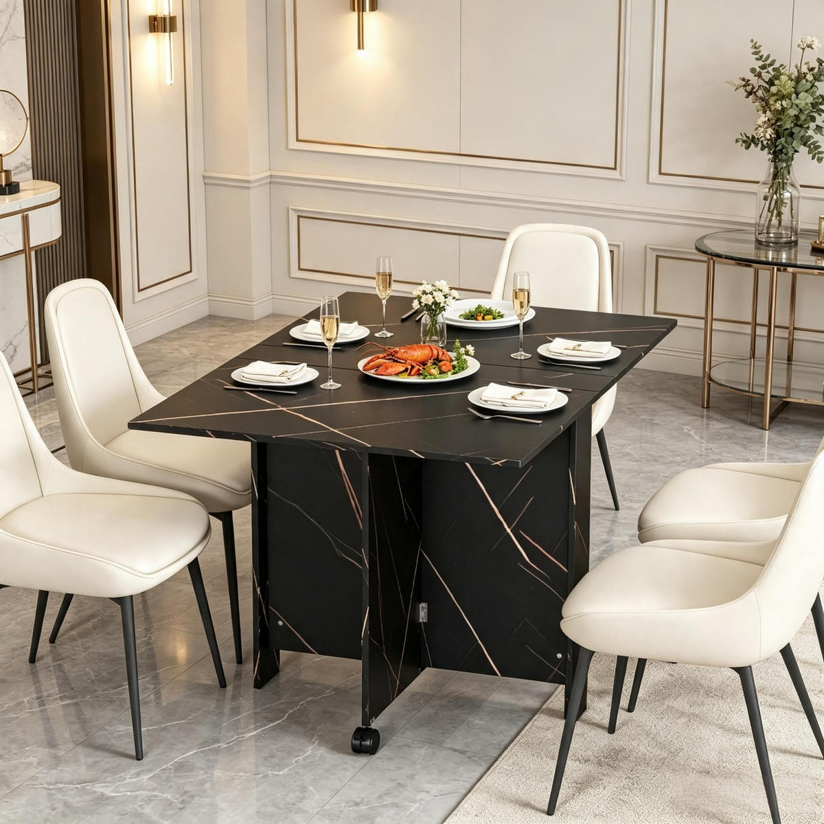 KLAPPTISCH 80-120/80/73 cm mit Rollen DE-39950 Marmoriert Schwarz - Schwarz, Holzwerkstoff (80/120/73cm) - ComfortXL