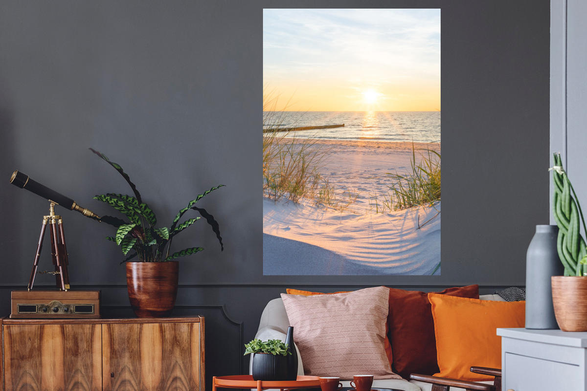 WANDTATTOO Strand - Sonne - Düne - Gras - Sand - Horizont 80x120 cm - Hellblau, Kunststoff (80/120/0.1cm) - MuchoWow
