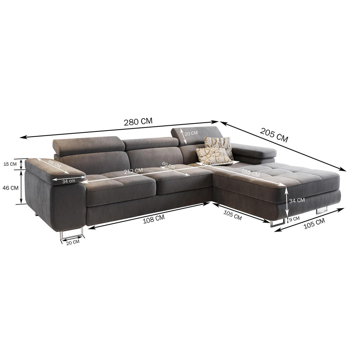 ECKSOFA ELMA L-S Braun Velours-Stoff mit Schlaffunktion - Braun, Holz (280/205cm) - MASSENO