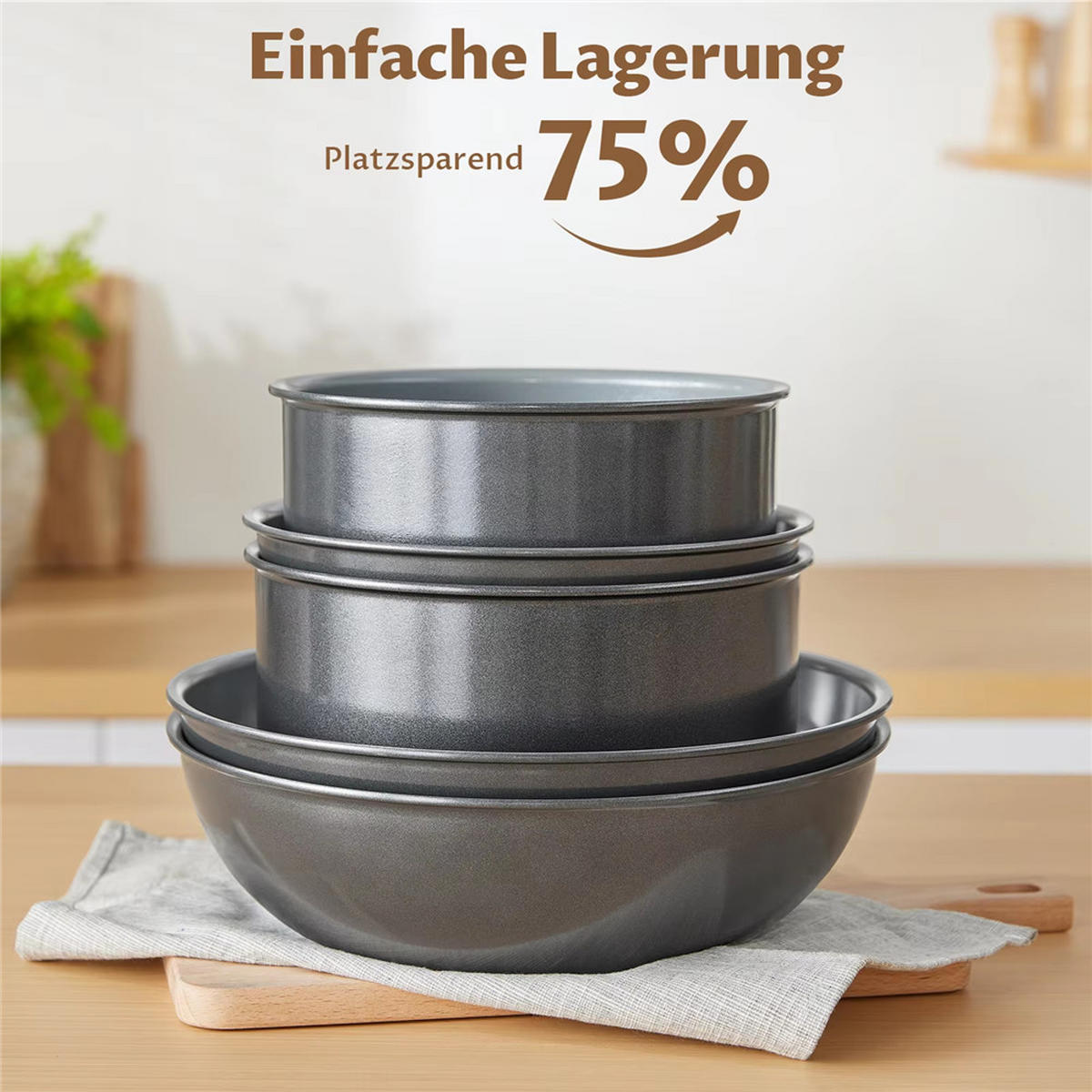 KOCHTOPFSET 17-teilig Keramik Abnehmbarer Griff Induktion - Schwarz, Metall - Bextcok