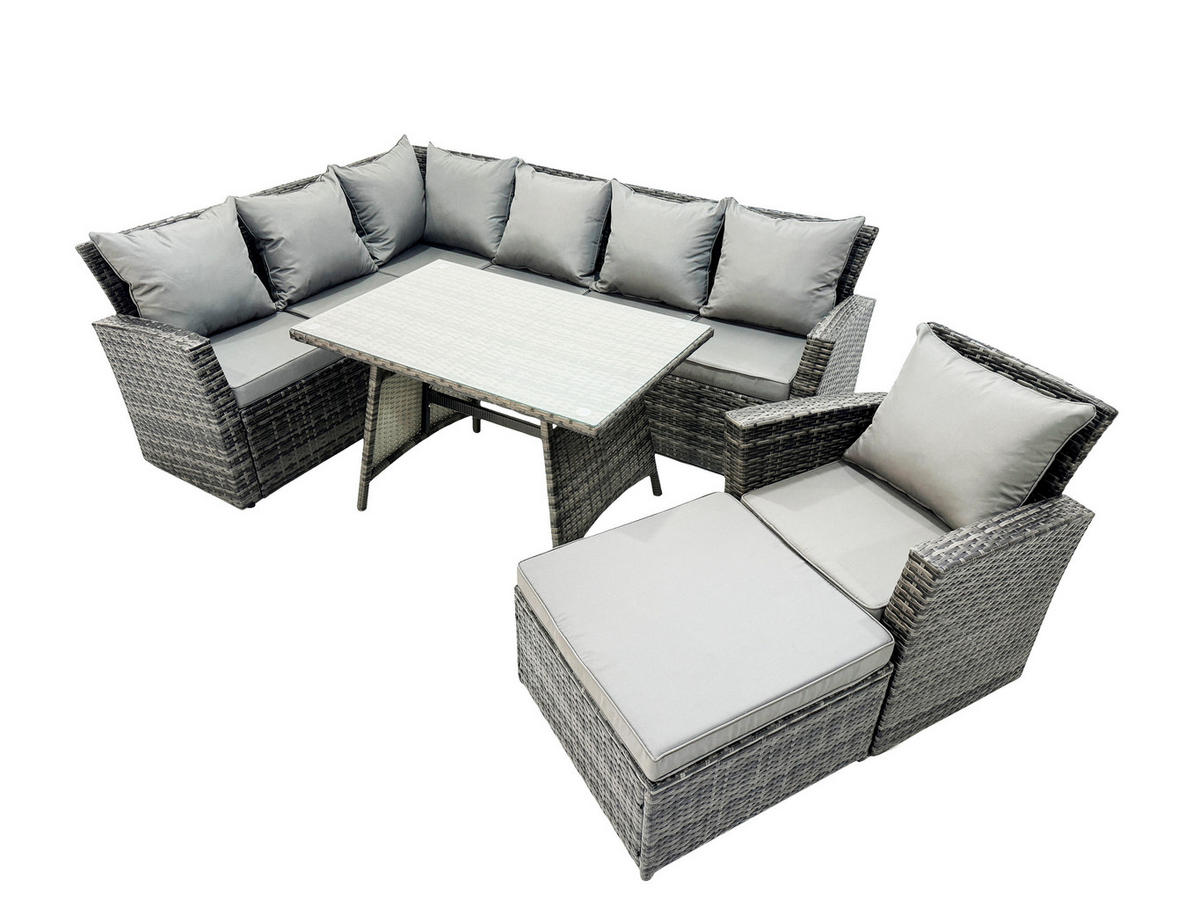 GARTEN-ECKSOFAGARNITUR mit Esstisch Polyrattan 8-Sitzer - Dunkelgrau/Grau, Glas/Kunststoff - Fimous