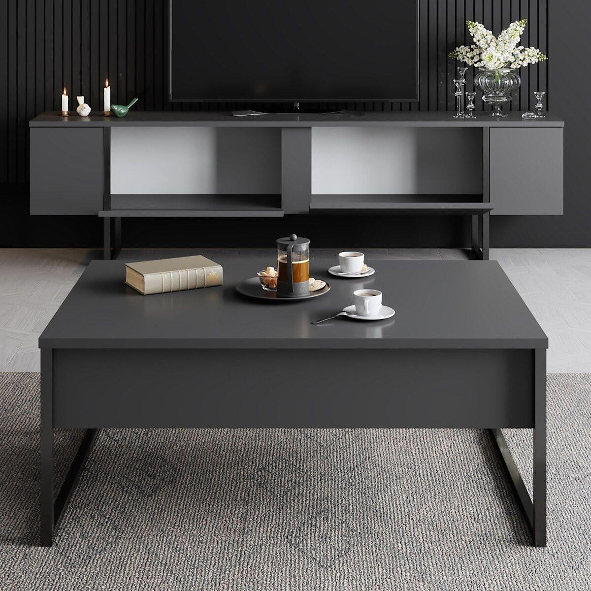 TV-MÖBEL mit 2 Klapptüren Luxe 180/30/50 cm - Anthrazit, Holzwerkstoff (180/50/30cm) - Calicosy
