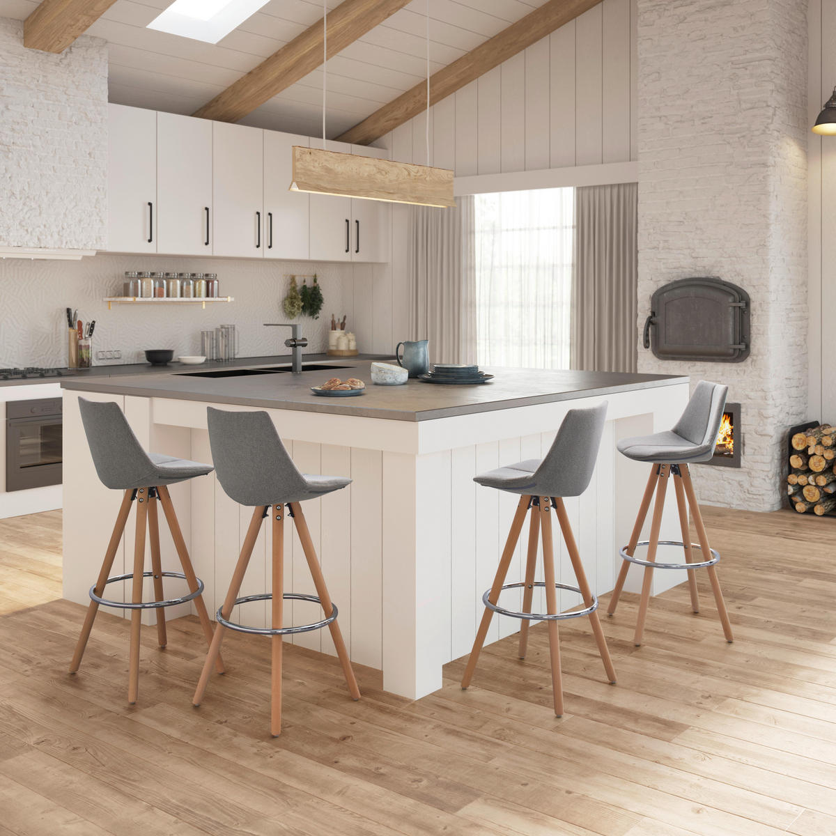 BARHOCKER Nelo Grau Webstoff Gepolstert - Grau, Holz (42/100/33cm) - Bessagi Home