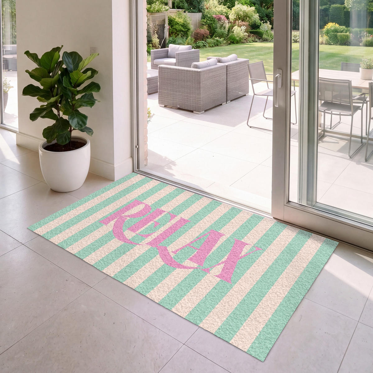 FUSSMATTE Rosa – Grün – Streifen – Entspannung 150x90 cm - Mintgrün, Kunststoff (150/0.4cm) - MuchoWow
