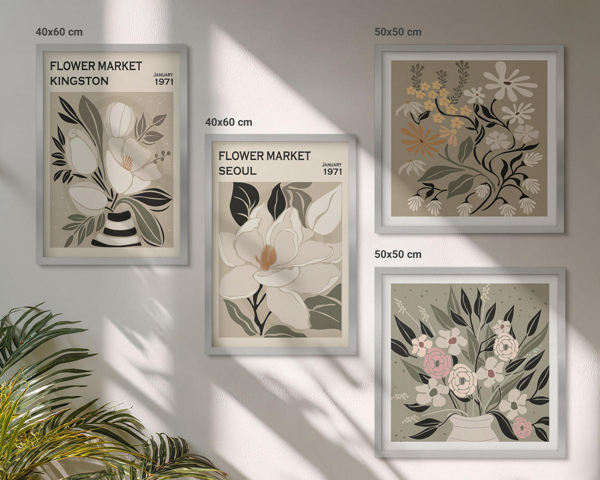 BILDER SET 4er Set - 50x50 cm & 40x60 cm Silberner Rahmen - Retro-Blumen aus Städten rund um die Welt - Silberfarben, Kunststoff (50/50cm) - TULUP